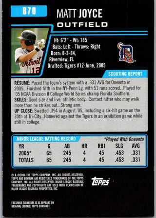 Back of 2006 Bowman Prospects Matt Joyce #B70 1st Bowman Card — Near Mint