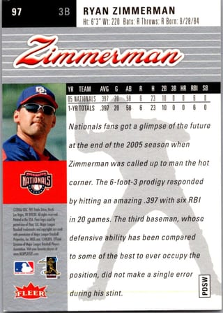 Back of 2006 Fleer Ultra Ryan Zimmerman #97 Rookie — Near Mint