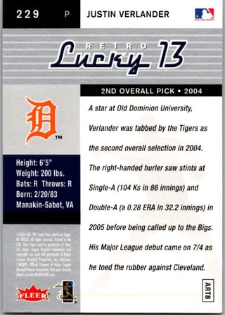 Back of 2006 Fleer Ultra Justin Verlander #229 Retro Lucky 13 Rookie — Near Mint