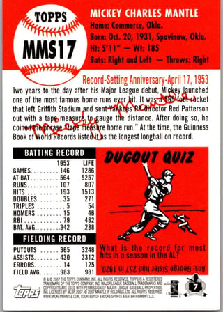 Back of 2007 Topps The Mickey Mantle Story Mickey Mantle #MMS17 — Near Mint