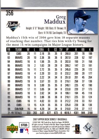 Back of 2007 Upper Deck Series 1 Greg Maddux #356 — Near Mint