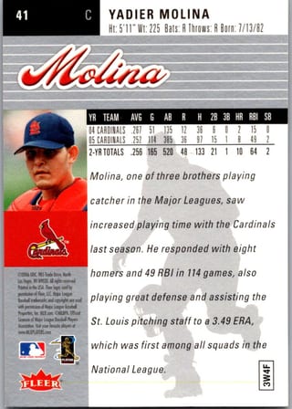 Back of 2006 Fleer Ultra Yadier Molina #41 — Near Mint