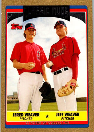 Front of 2006 Topps Updates and Highlights Jered Weaver / Jeff Weaver #UH330 Classic Duos Gold — Near Mint