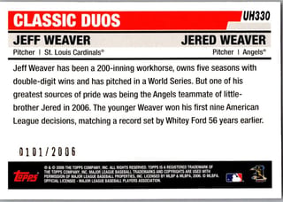 Back of 2006 Topps Updates and Highlights Jered Weaver / Jeff Weaver #UH330 Classic Duos Gold — Near Mint