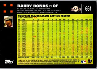 Back of 2007 Topps Barry Bonds #661 — Near Mint