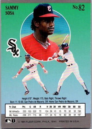 Back of 1991 Fleer Ultra Sammy Sosa #82 — Lightly Played