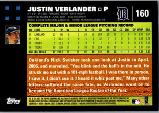 Back of 2007 Topps Series 1 Justin Verlander #160 — Near Mint