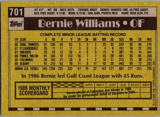 Back of 1990 Topps Bernie Williams #701 — Near Mint