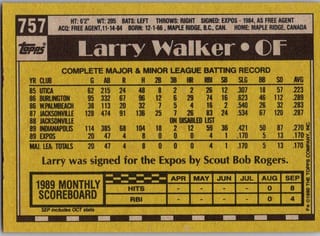 Back of 1990 Topps Larry Walker #757 — Near Mint