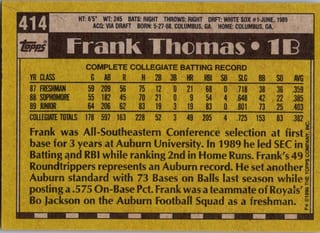 Back of 1990 Topps Frank Thomas #414 — Lightly Played
