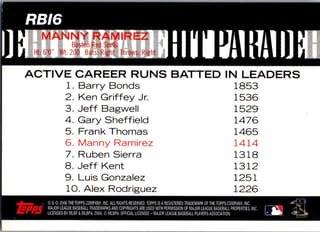 Back of 2006 Topps Manny Ramirez #RBI6 Hit Parade — Near Mint