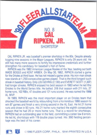 Back of 1990 Fleer All Star Team Cal Ripken, Jr. #8 — Near Mint