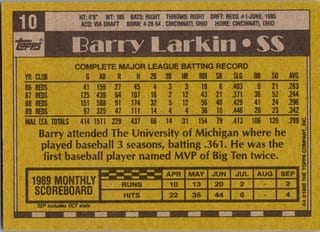Back of 1990 Topps Barry Larkin #10 — Near Mint