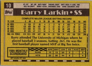 Back of 1990 Topps Barry Larkin #10 — Near Mint