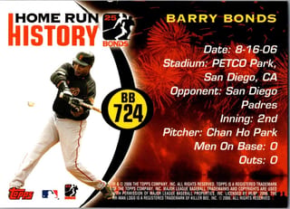 Back of 2006 Topps Home Run History Barry Bonds #BB724 — Near Mint