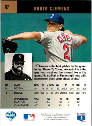 Back of 1993 Upper Deck Clutch Performers Roger Clemens #R7 — Near Mint