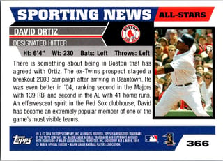 Back of 2005 Topps David Ortiz #366 Sporting News All-Stars — Near Mint