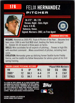Back of 2006 Bowman Felix Hernandez #176 — Near Mint