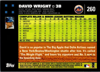 Back of 2007 Topps David Wright #260 — Near Mint