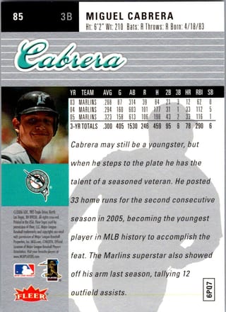 Back of 2006 Fleer Ultra Miguel Cabrera #85 — Near Mint