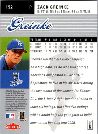Back of 2006 Fleer Ultra Zack Greinke #152 — Near Mint