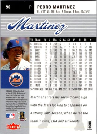 Back of 2006 Fleer Ultra Pedro Martinez #96 — Near Mint