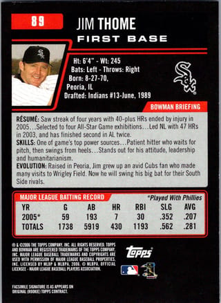 Back of 2006 Bowman Base Set Jim Thome #89 — Lightly Played