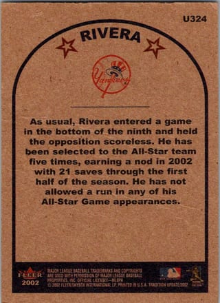 Back of 2002 Fleer Tradition Update Mariano Rivera #U324 — Near Mint