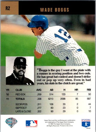 Back of 1993 Upper Deck Clutch Performers Wade Boggs #R2 — Near Mint