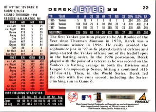 Back of 1998 Score Base Set Derek Jeter #22 — Near Mint