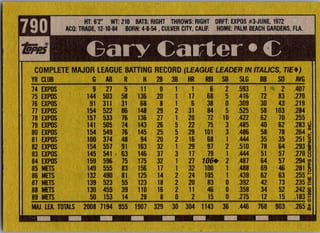 Back of 1990 Topps Base Set Gary Carter #790 — Near Mint