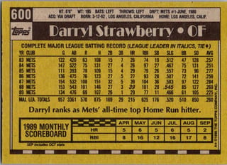 Back of 1990 Topps Base Set Darryl Strawberry #600 — Near Mint