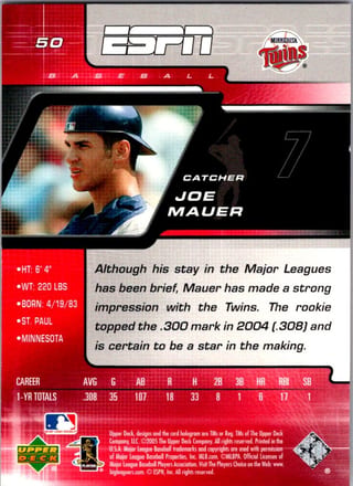 Back of 2005 Upper Deck ESPN Joe Mauer #50 — Lightly Played