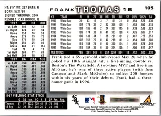 Back of 1998 Score Base Set Frank Thomas #105 — Near Mint