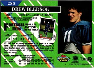 Back of 1993 Topps Stadium Club Drew Bledsoe #280 — Near Mint
