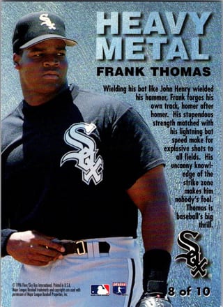 Back of 1996 Fleer Metal Universe Frank Thomas #8 Heavy Metal — Lightly Played