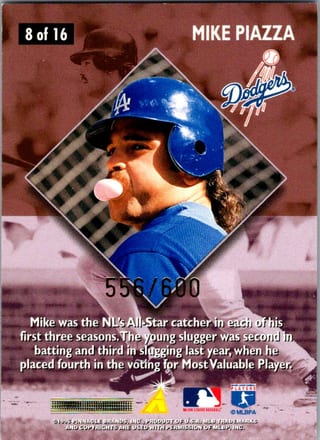 Back of 1996 Pinnacle Summit Big Bang Mike Piazza #8 — Near Mint