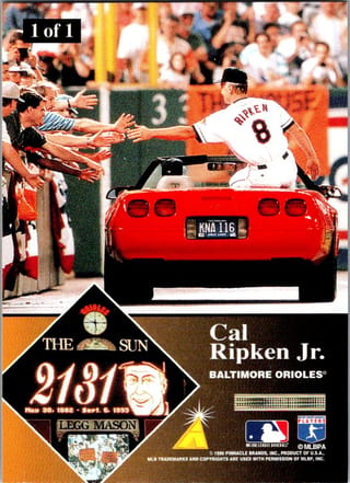 Back of 1996 Pinnacle Tribute Cal Ripken Jr. #1 — Near Mint